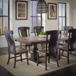 Venice Chair, Wormy Maple Wood, 400 Belair Stain on the Seat & 402 Mocha Stain on the Frame. Rectangular Plank Top Table, Standard Edge, Double Eleanor Pedestal, Wormy Maple Wood, 400 Belair Stain on the Top & 402 Mocha Stain on the Base. image of rectangular table top