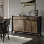 CHAIR: Brinkley, Elm Wood Seat / Top Rail, 409 Cocoa Stain, Maple Wood Frame & 407 Black Silk Stain TABLE: Boat Top, Rounded Edge, Elm Wood, 409 Cocoa Stain, Victor Leg, Maple Wood, & 407 Black Silk Stain CASE: Stafford Sideboard, Elm Wood Top / Drawers / Doors, 409 Cocoa Stain, Maple Wood Frame, 407 Black Silk Stain & Standard Hardware K26-SN and K475-SN stafford sideboard image