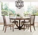 Rounded EH Maple Table Top in 409 Cocoa with single Macon Pedestal P1ML-M, Canterbury Side Chair CAN8314-M in Maple with 409 Cocoa stain & 2406 Apollo Fabric