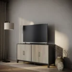 Saybrook Large Home Entertainment Console, HME3150AL, White Oak Wood, 406 Powder Stain Doors, 317 Gravel Stain Frame, Standard Hardware 625-160SN & Omitted Decorative Corner Hardware image of console