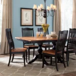 CHAIR: Jackson JAC4904, Rustic Cherry Wood Seat, 104 Seely Stain, Maple Wood Frame & 3P Black Paint TABLE: Rectangular Top, Waterfall Edge, Rustic Cherry Wood, 104 Seely Stain, Double Phoenix Pedestal, Maple Wood & 3P Black Paint jackson