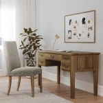 Longmeadow Writing Desk HMO1197A Wormy Maple, 413 Latte Stain & Standard Hardware BP30214-909 Norwalk Side Chair standard with fabric seat & back NOR7114 Wormy Maple, 2504 Moss Cove Fabric & 413 Latte Stain