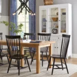 CHAIR: Percy PER7304, Maple Wood & 3P Black Paint TABLE: Rectangular Plank Top, Standard Edge, Rietta Leg, Oak Wood & 100 Natural Stain CASE: Metro Buffet with Hutch, Maple Wood & 1P White Paint percy