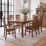 CHAIR: Prestige, PRE0604, Maple Wood & 409 Cocoa Stain, TABLE: Rectangular Top, Standard Edge, Harrison Leg, Maple Wood & 409 Cocoa Stain, CASE: New England Display, NENC04DS, Maple Wood, 409 Cocoa Stain & Standard Hardware 53005-FB prestige