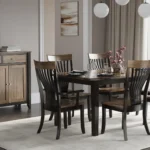 CHAIR: Brinkley, Elm Wood Seat / Top Rail, 409 Cocoa Stain, Maple Wood Frame & 407 Black Silk Stain TABLE: Boat Top, Rounded Edge, Elm Wood, 409 Cocoa Stain, Victor Leg, Maple Wood, & 407 Black Silk Stain CASE: Stafford Sideboard, Elm Wood Top / Drawers / Doors, 409 Cocoa Stain, Maple Wood Frame, 407 Black Silk Stain & Standard Hardware K26-SN and K475-SN image of dining room